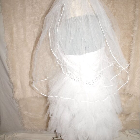 White Veil 2 Layer with Pearl Gems Ribbon Trim USED FOR PHOTO SHOOTS - Picture 6 of 9